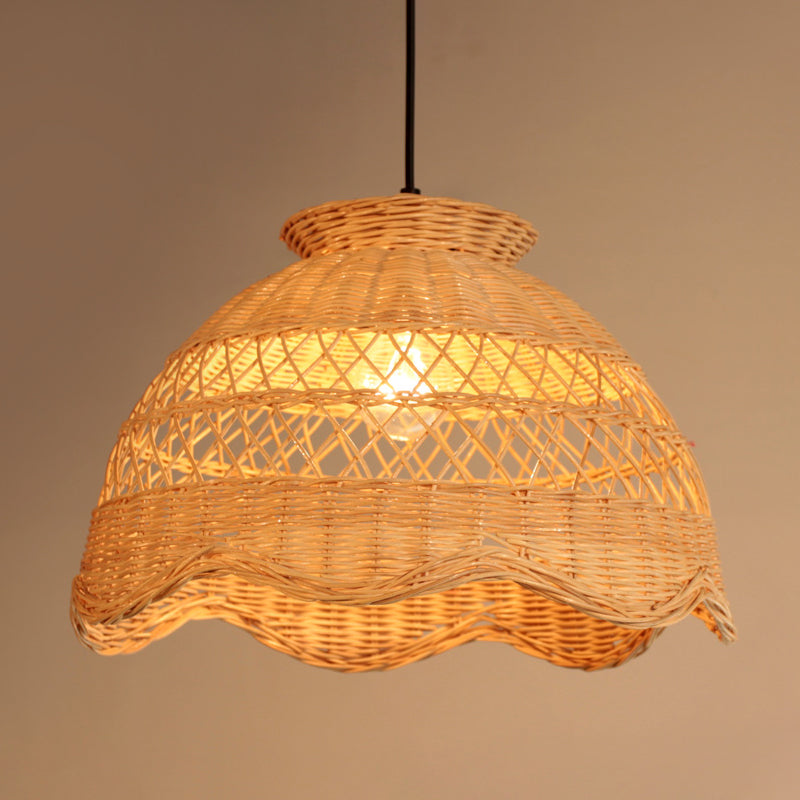 Bamboo Hollow Hanging Light: Beige Pendant With Scalloped Trim - Asia Style