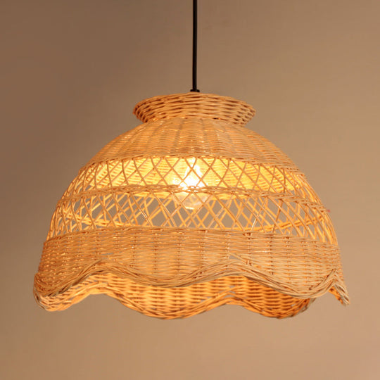 Bamboo Hollow Hanging Light: Beige Pendant With Scalloped Trim - Asia Style