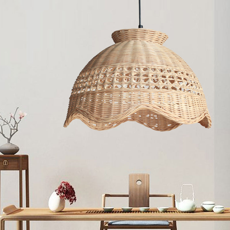 Modern Bamboo Domed Pendant: Stylish Dining Table Lighting Fixture With Scalloped Edge