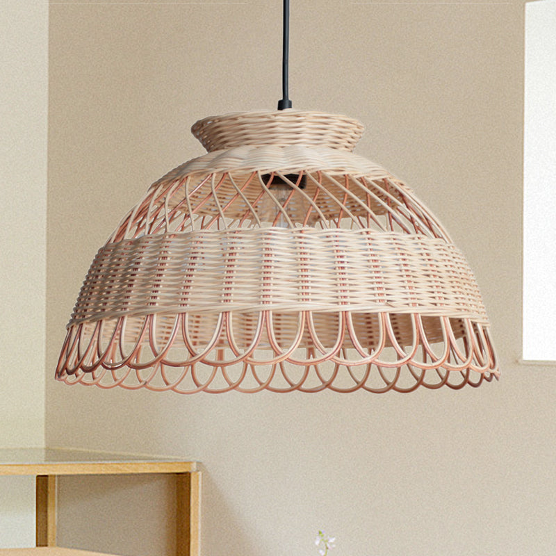 Scalloped Bamboo Pendant Light - Single-Bulb Ceiling Lamp In Khaki