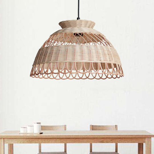 Scalloped Bamboo Pendant Light - Single-Bulb Ceiling Lamp In Khaki