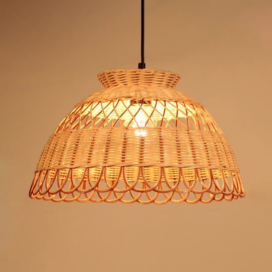 Scalloped Bamboo Pendant Light - Single-Bulb Ceiling Lamp In Khaki