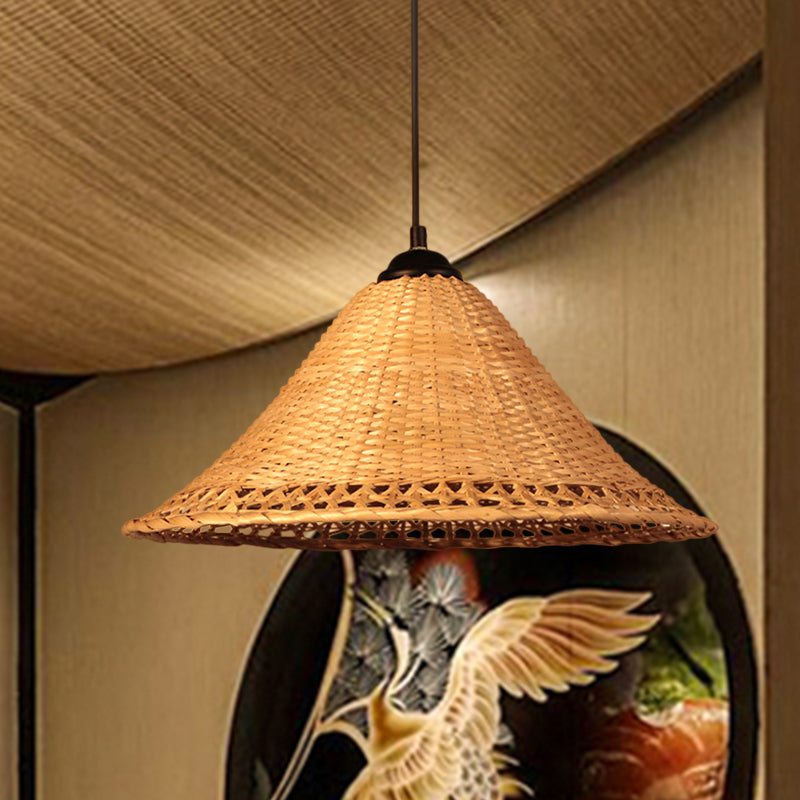 Natural Bamboo Hanging Pendant Lamp: Asia Cone Hat Design Brown Ideal For Dining Room Ceiling