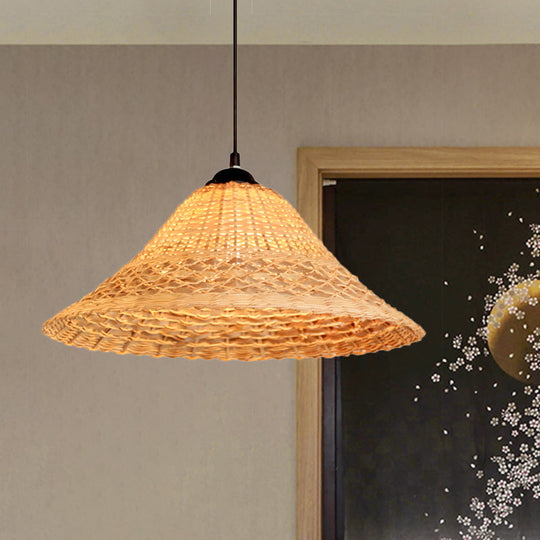 South East Asian Bamboo Pendant Lamp With Wide Flare And Brown Suspension - Includes 1 Bulb