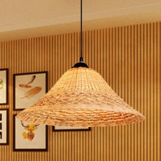 South East Asian Bamboo Pendant Lamp With Wide Flare And Brown Suspension - Includes 1 Bulb