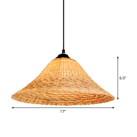 South East Asian Bamboo Pendant Lamp With Wide Flare And Brown Suspension - Includes 1 Bulb