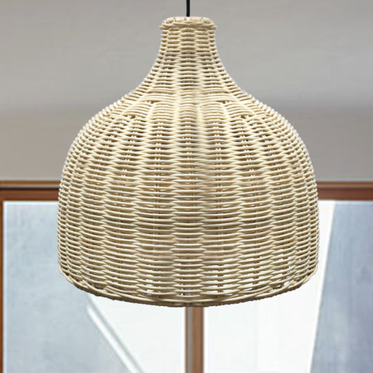 10/14 Asian Pendant Light With Beige Cloche Lamp Shade Bamboo Suspension