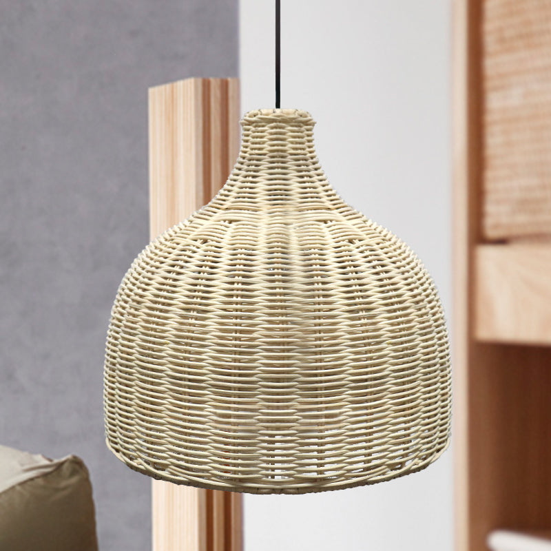 10/14 Asian Pendant Light With Beige Cloche Lamp Shade Bamboo Suspension