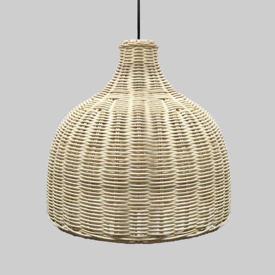 10/14 Asian Pendant Light With Beige Cloche Lamp Shade Bamboo Suspension