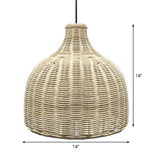 10/14 Asian Pendant Light With Beige Cloche Lamp Shade Bamboo Suspension