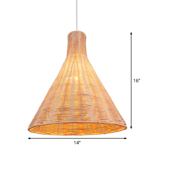 14/16 Inch Conical Bamboo Suspension Pendant - 1 Head Khaki Hanging Lamp Kit