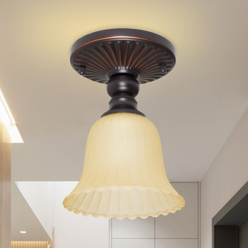 Traditional Ribbed Frosted Glass Semi Flush Mount With Flared Design - 1 Light Black Flushmount