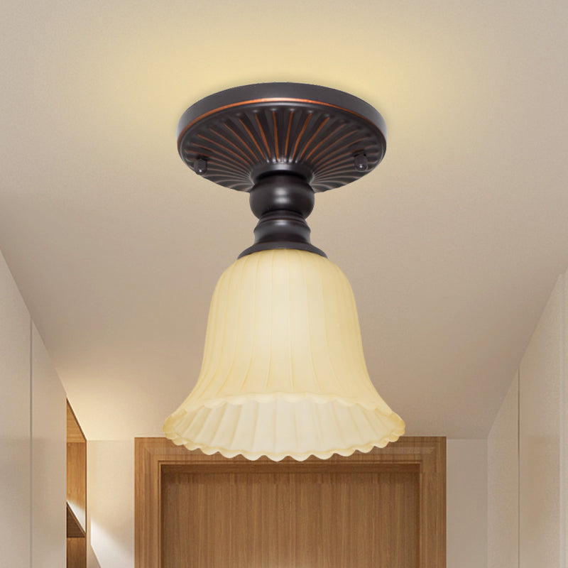 Traditional Ribbed Frosted Glass Semi Flush Mount With Flared Design - 1 Light Black Flushmount