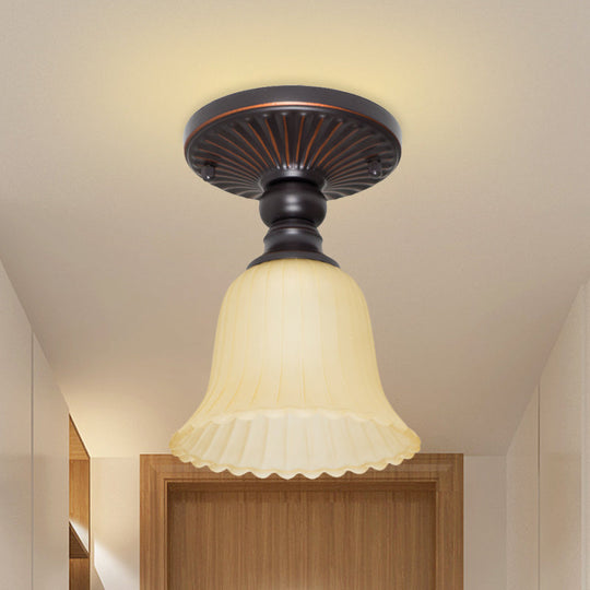 Traditional Ribbed Frosted Glass Semi Flush Mount With Flared Design - 1 Light Black Flushmount