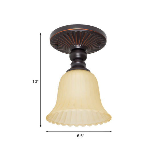 Traditional Flared Foyer Semi Flush Mount with Ribbed Frosted Glass – 1 Light Black Flushmount