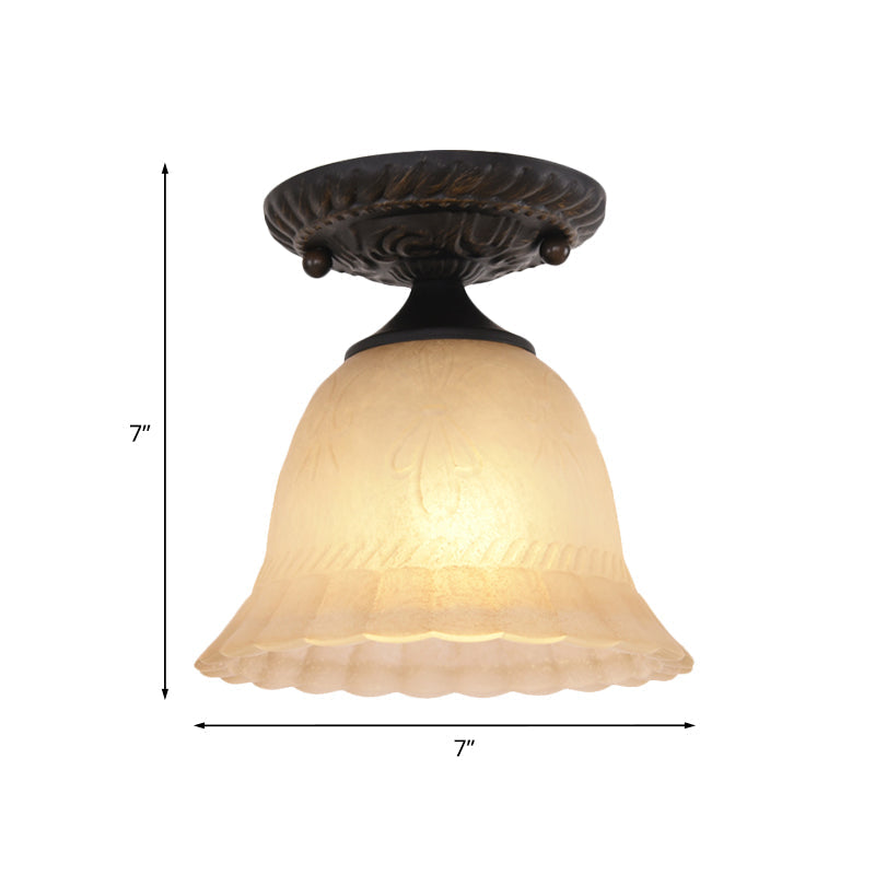 Rustic Ribbed Glass Bell Semi Flush Light With 1-Bulb Black Finish