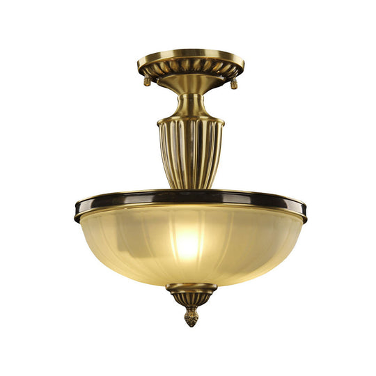 Retro Dome Glass Ceiling Light with Gold Metal Rod - 2-Bulb Semi Mount Lighting