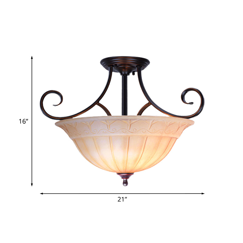 Traditional Frosted Glass Dining Room Bowl Semi Flush Mount with 3 Black Heads and Scrolled Arm