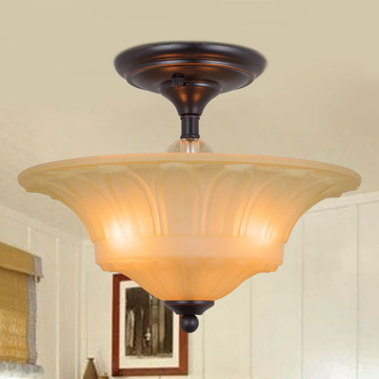 Vintage Beige Glass Bowl Flush Light - 3/4 Heads Semi Flush Mount Lighting for Living Room in Black (14"/16" W)