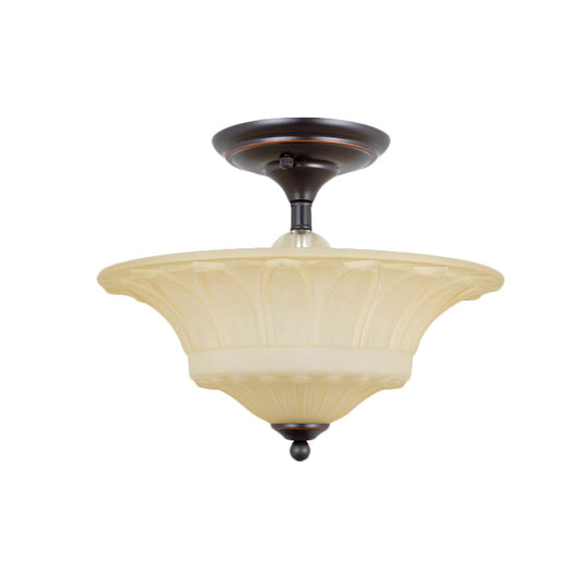 Vintage Beige Glass Bowl Flush Light - 3/4 Heads Semi Flush Mount Lighting for Living Room in Black (14"/16" W)