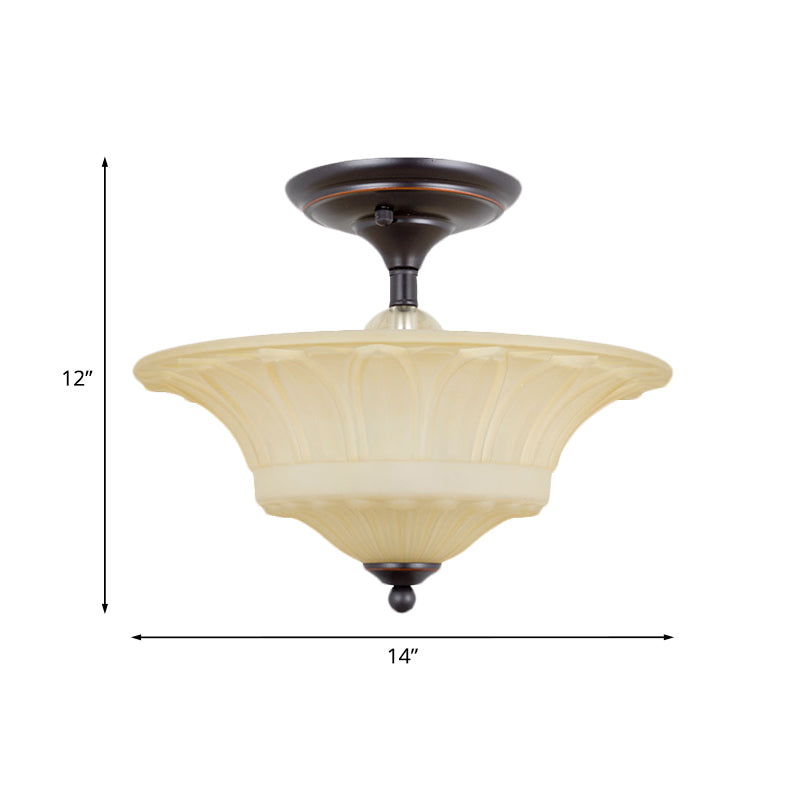 Vintage Beige Glass Bowl Flush Light - 3/4 Heads Semi Flush Mount Lighting for Living Room in Black (14"/16" W)