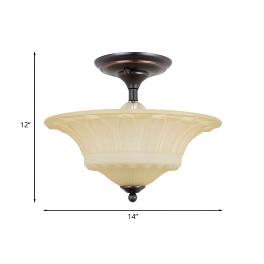 Vintage Beige Glass Bowl Flush Light - 3/4 Heads Semi Flush Mount Lighting for Living Room in Black (14"/16" W)