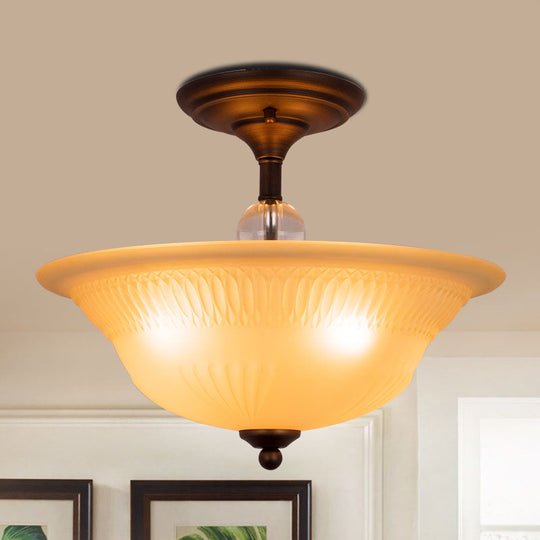 Vintage Beige Glass Bowl Flush Light - 3/4 Heads Semi Flush Mount Lighting for Living Room in Black (14"/16" W)