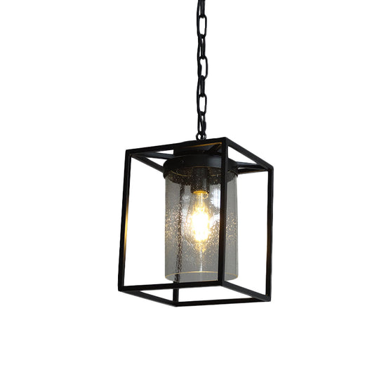 Vintage Cylinder Pendant Lamp With Clear Seeded Glass Drop Black Finish And Rectangle Cage