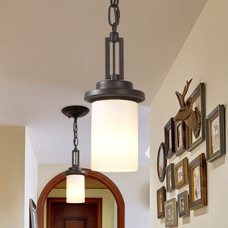 Vintage White Glass Cylinder Pendant Light With 1 Head For Down Lighting In Corridors