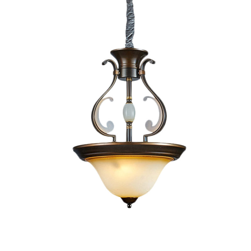 Antique Beige Glass Chandelier: Bell-Shaped 4-Light Kitchen Pendant Lamp With Curved Arm