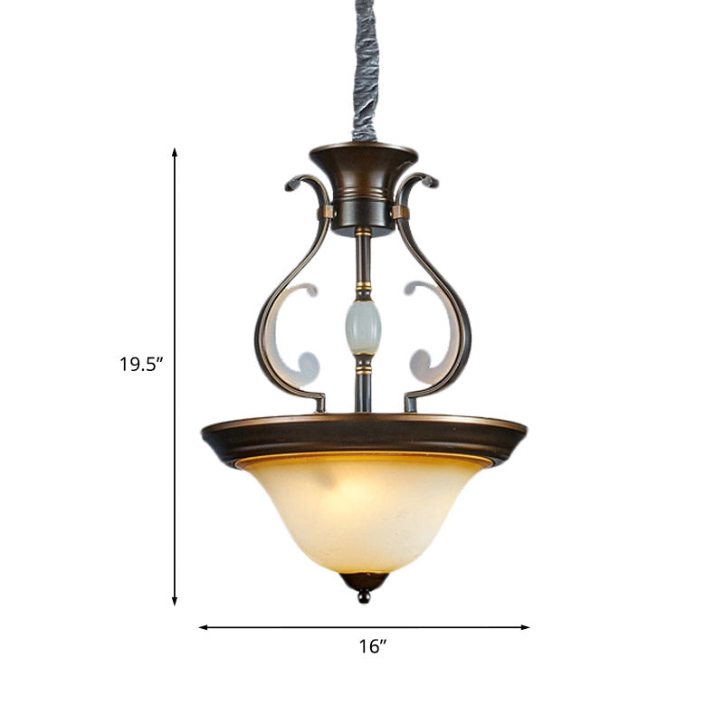 Antique Beige Glass Chandelier: Bell-Shaped 4-Light Kitchen Pendant Lamp With Curved Arm