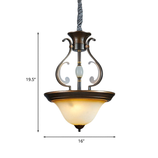 Antique Beige Glass Chandelier: Bell-Shaped 4-Light Kitchen Pendant Lamp With Curved Arm