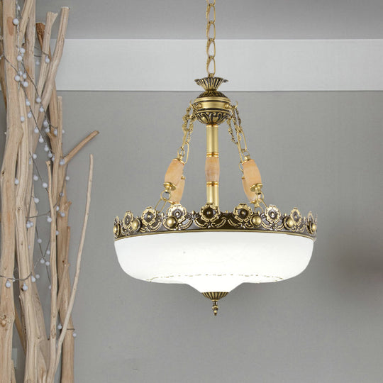 Traditional White Glass Beige/Bronze Chandelier With Carved Edge - 3 Bulbs 12/16 W