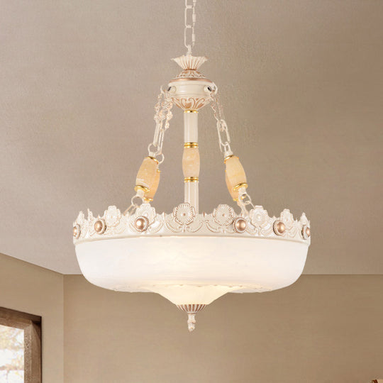 Traditional White Glass Beige/Bronze Chandelier With Carved Edge - 3 Bulbs 12/16 W