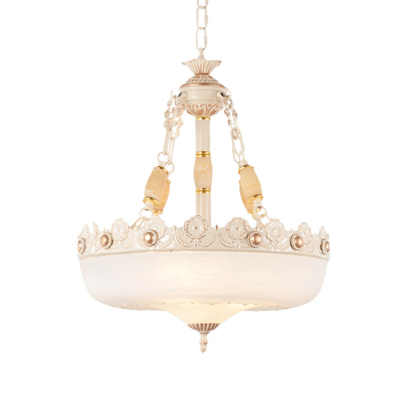 Traditional White Glass Beige/Bronze Chandelier With Carved Edge - 3 Bulbs 12/16 W