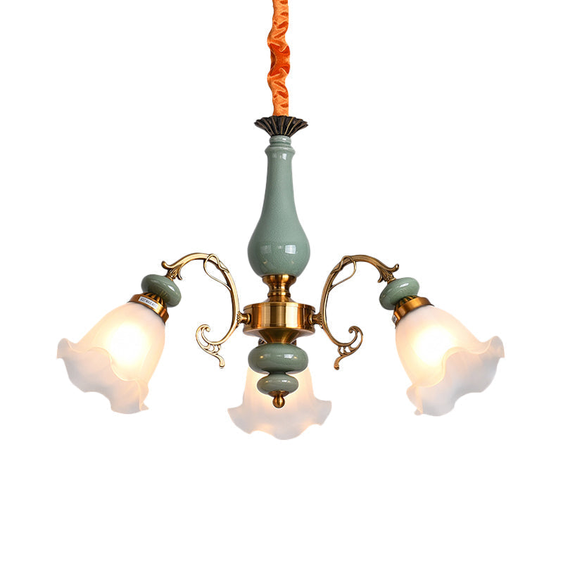 Opal Glass Ceiling Chandelier With Flower Design - Traditional 3/5 Heads Light Blue/Pewter