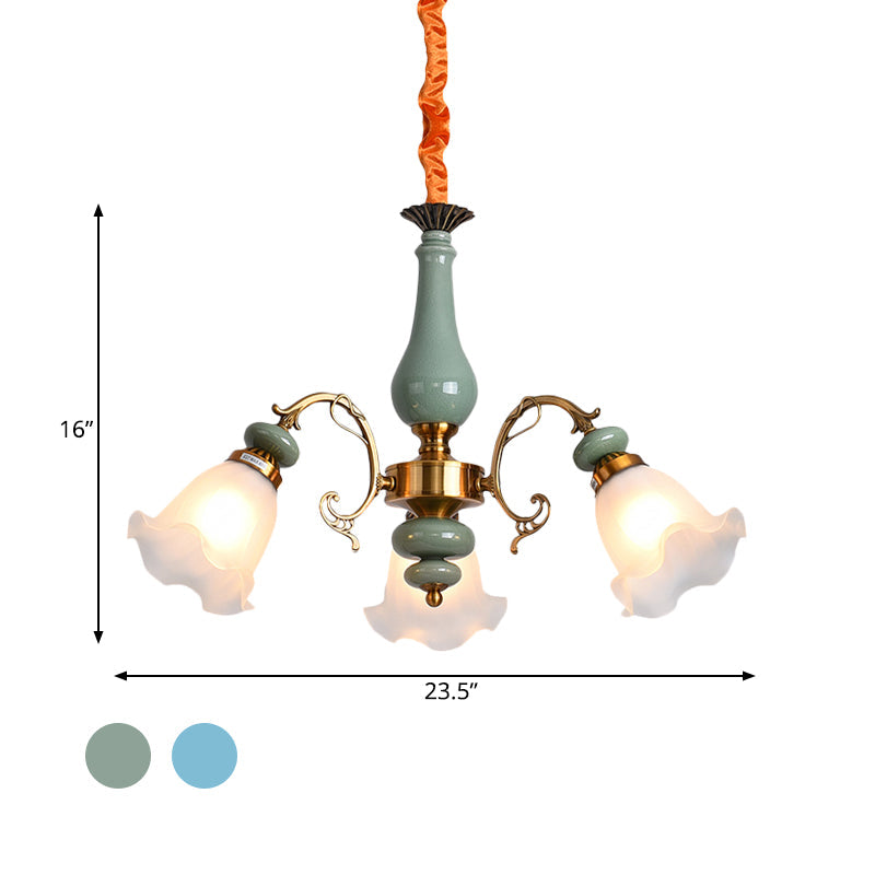 Opal Glass Ceiling Chandelier With Flower Design - Traditional 3/5 Heads Light Blue/Pewter