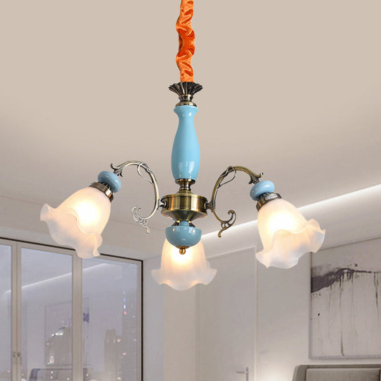 Opal Glass Ceiling Chandelier With Flower Design - Traditional 3/5 Heads Light Blue/Pewter