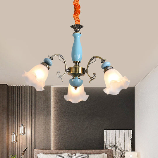 Opal Glass Ceiling Chandelier With Flower Design - Traditional 3/5 Heads Light Blue/Pewter