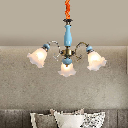 Opal Glass Ceiling Chandelier With Flower Design - Traditional 3/5 Heads Light Blue/Pewter