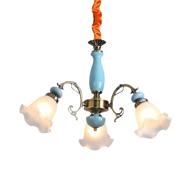 Opal Glass Ceiling Chandelier With Flower Design - Traditional 3/5 Heads Light Blue/Pewter