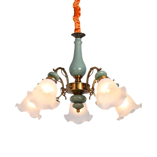 Opal Glass Ceiling Chandelier With Flower Design - Traditional 3/5 Heads Light Blue/Pewter