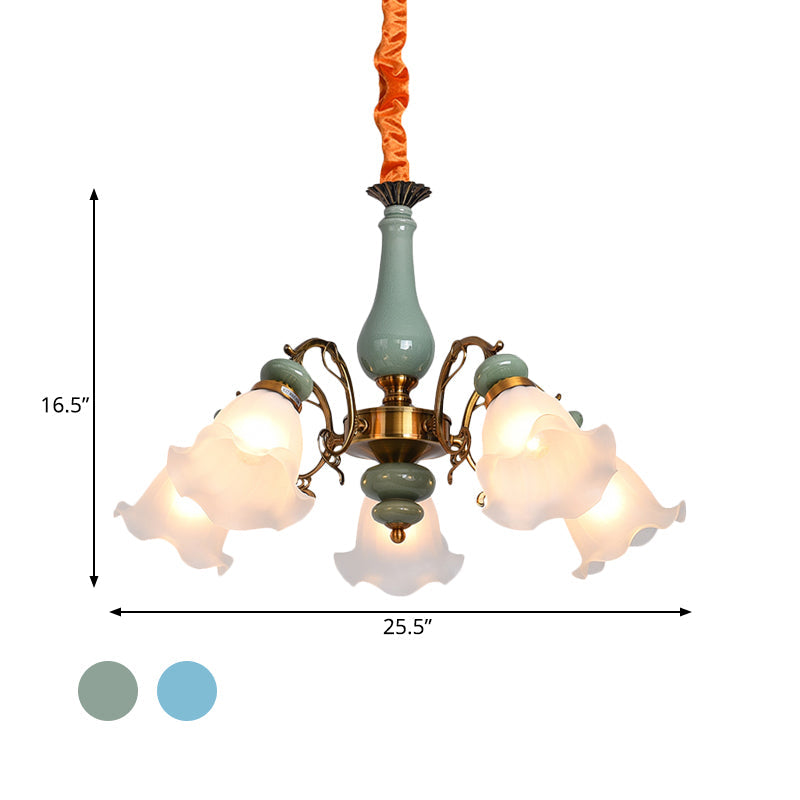 Opal Glass Ceiling Chandelier With Flower Design - Traditional 3/5 Heads Light Blue/Pewter