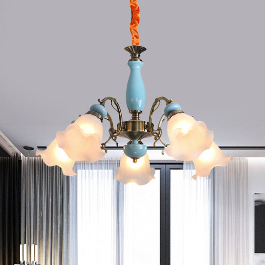 Opal Glass Ceiling Chandelier With Flower Design - Traditional 3/5 Heads Light Blue/Pewter