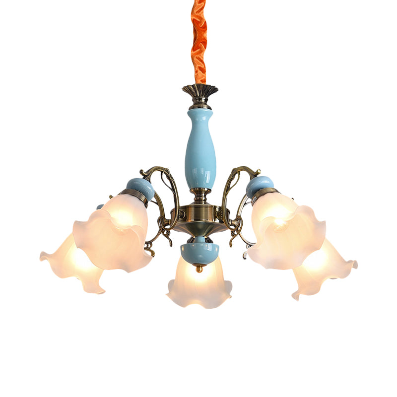 Opal Glass Ceiling Chandelier With Flower Design - Traditional 3/5 Heads Light Blue/Pewter