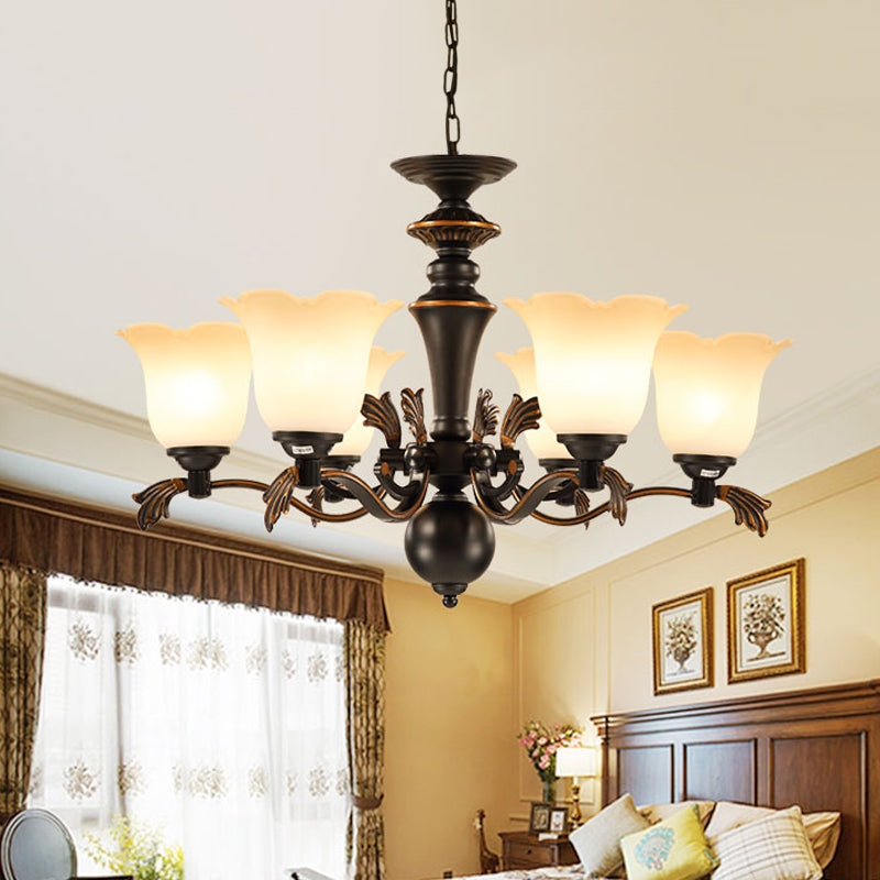 Vintage Floral Frosted Glass Chandelier - 6-Bulb Hanging Light Up Ceiling Suspension Black Finish