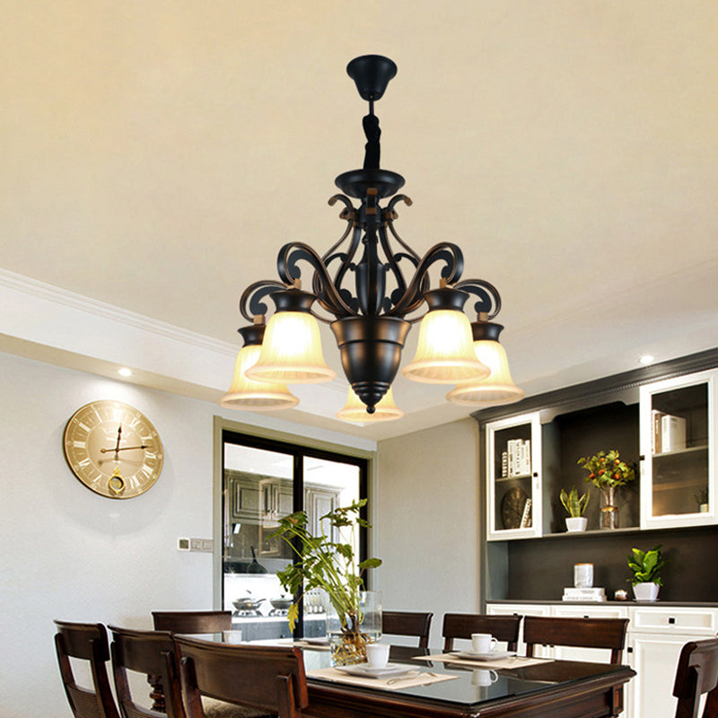 Modern Black Ceiling Chandelier With Frosted Glass Shades - 3/5-Light Up/Down Hanging Lamp Kit