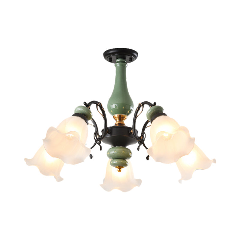 Gold/Black Floral Semi Mount Opal Glass Ceiling Lamp with 3/5 Traditional Lighting Heads - Perfect for Bedrooms