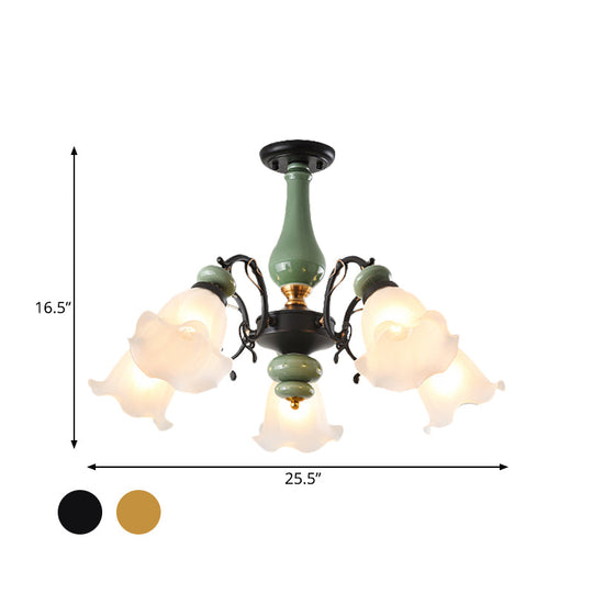 Gold/Black Floral Semi Mount Opal Glass Ceiling Lamp with 3/5 Traditional Lighting Heads - Perfect for Bedrooms