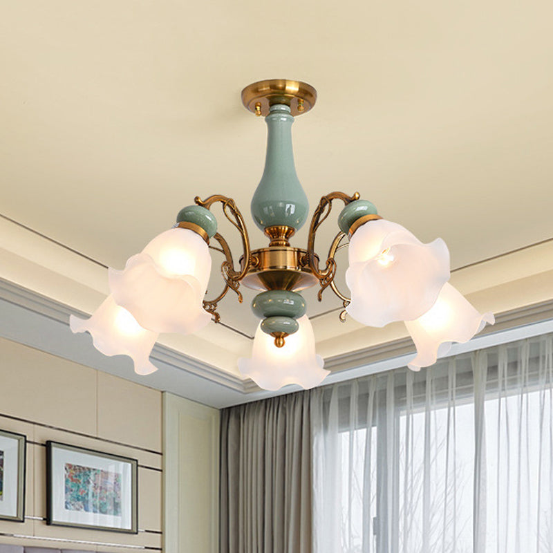 Gold/Black Floral Semi Mount Opal Glass Ceiling Lamp with 3/5 Traditional Lighting Heads - Perfect for Bedrooms